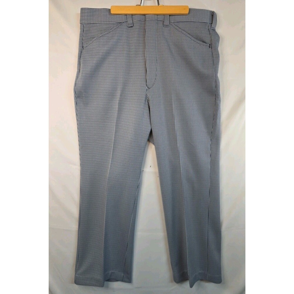 Vtg Sears Kings Road Pants Mens 36x29 Blue Check Perma-Prest Dress Relaxed Fit
